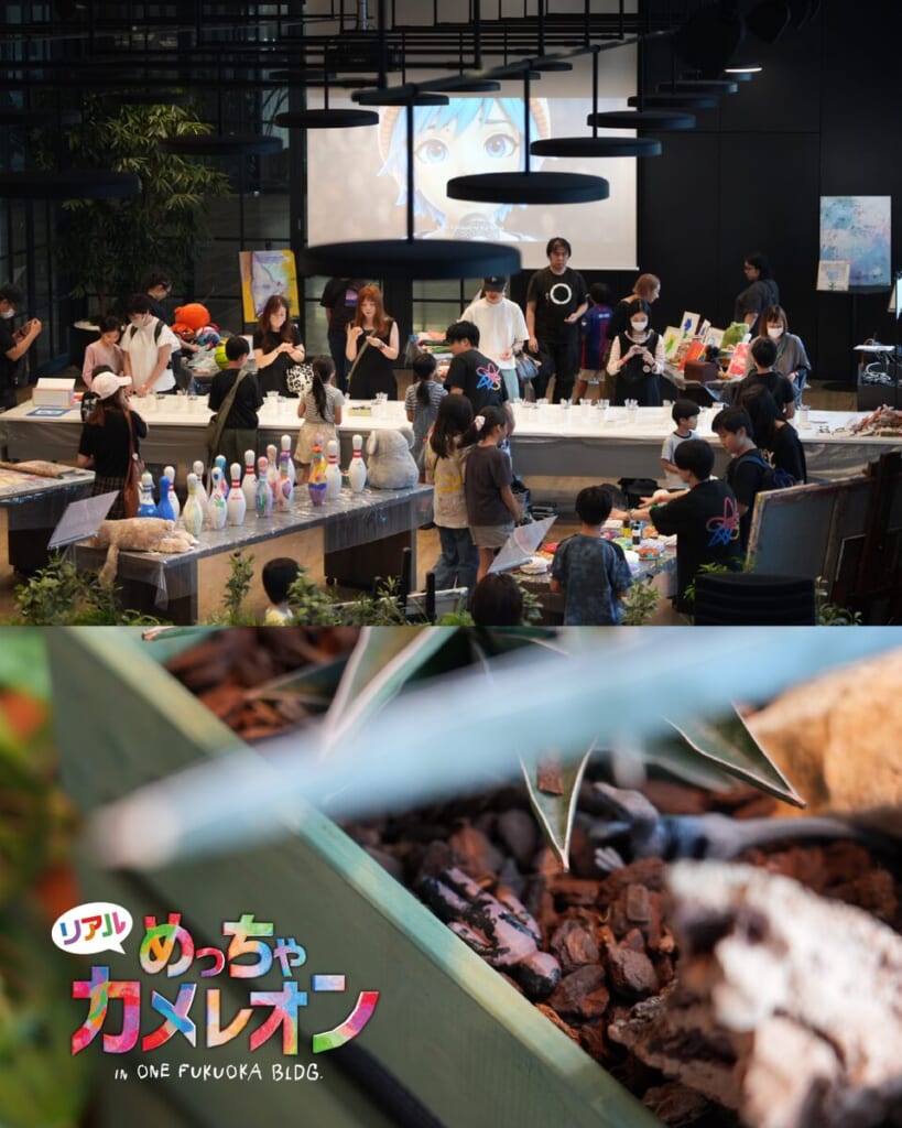 作品づくりでにぎわう会場と、植栽の中にかくれたフィギュア。